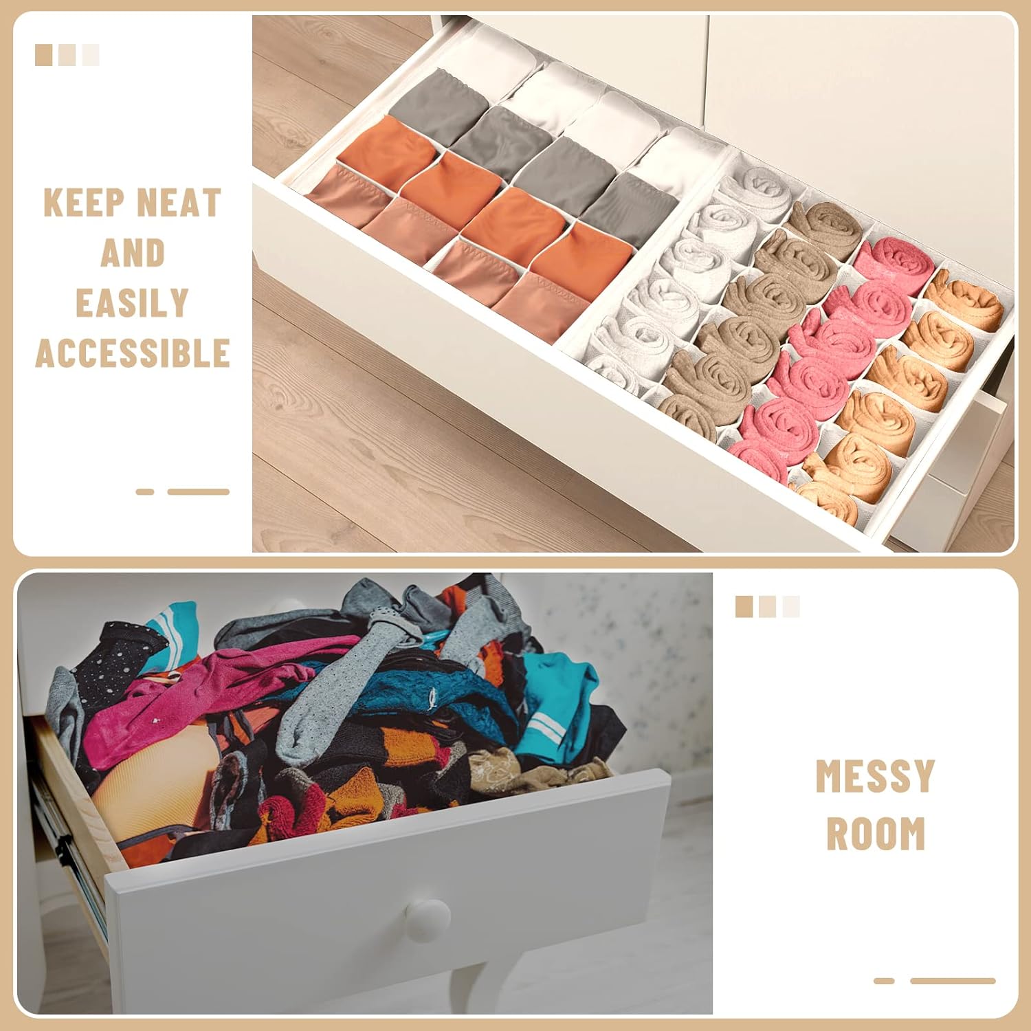 Criusia 3 Pack Sock Underwear Drawer Organizer Dividers, 64 Cell Fabric Foldable Cabinet Closet