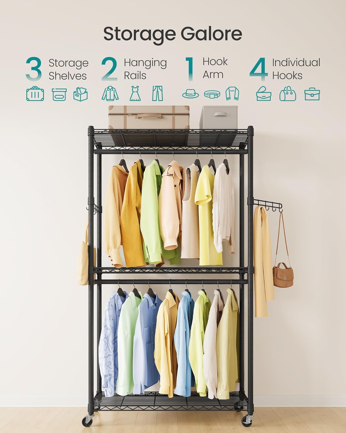SONGMICS Heavy-Duty Rolling Clothes Rack, Garment Rack, Portable Closet, 35.4-Inch Wide Clothing