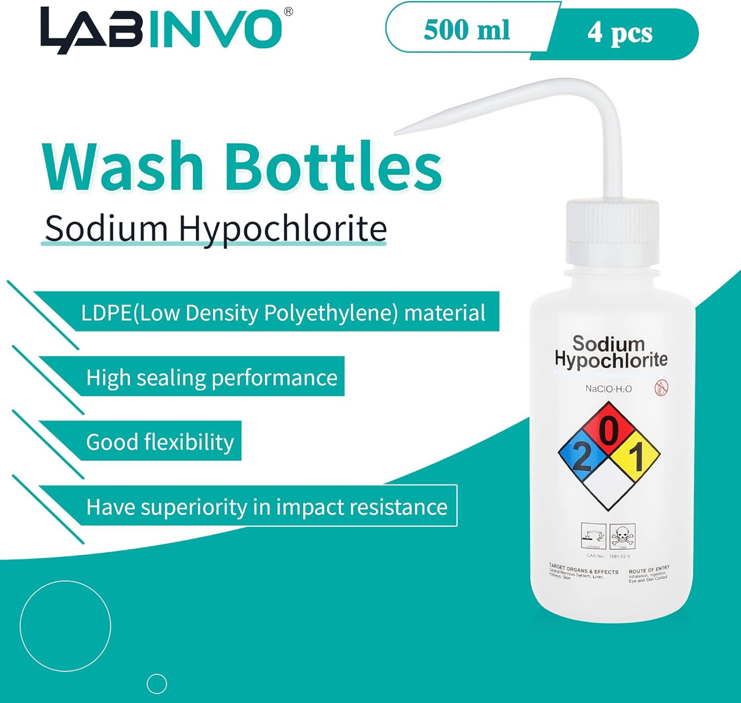 4pcs of Sodium Hypochloride Wash Bottles, Vol.500ml (17oz), Narrow Mouth, Self-Venting Safety Wash