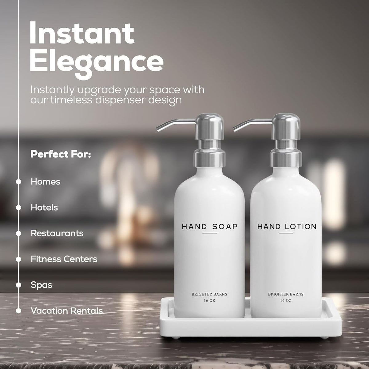 White Glass Soap and Lotion Dispenser Set by Brighter Barns - Bathroom Soap Dispenser Set Tray