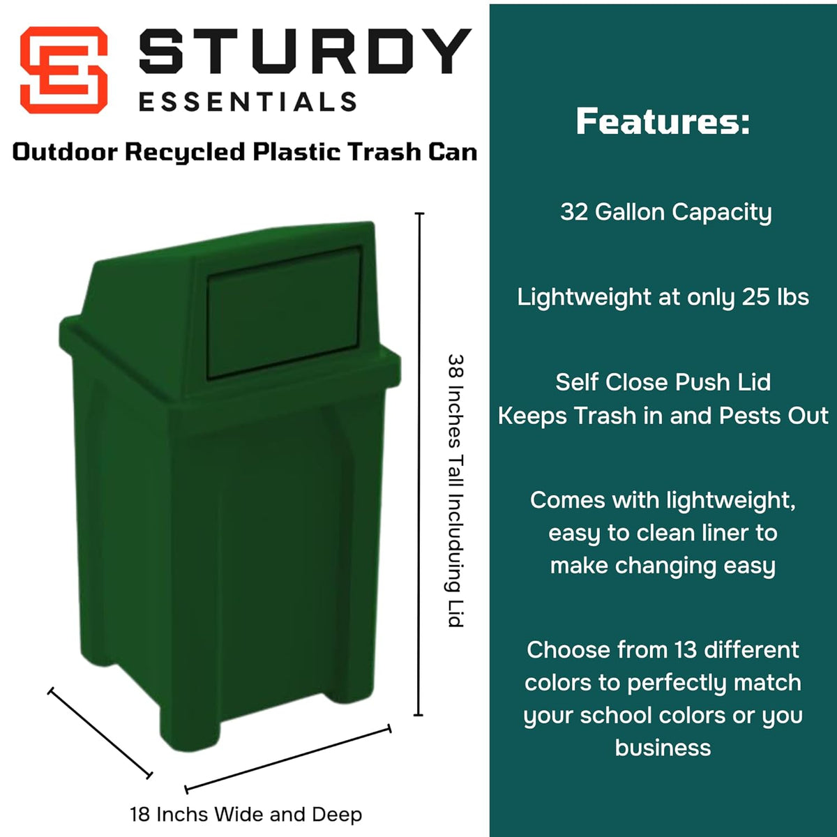 32 Gallon Square 100% Recycled Plastic Heavy Duty Outdoor Trash Can with Push Lid - Great for