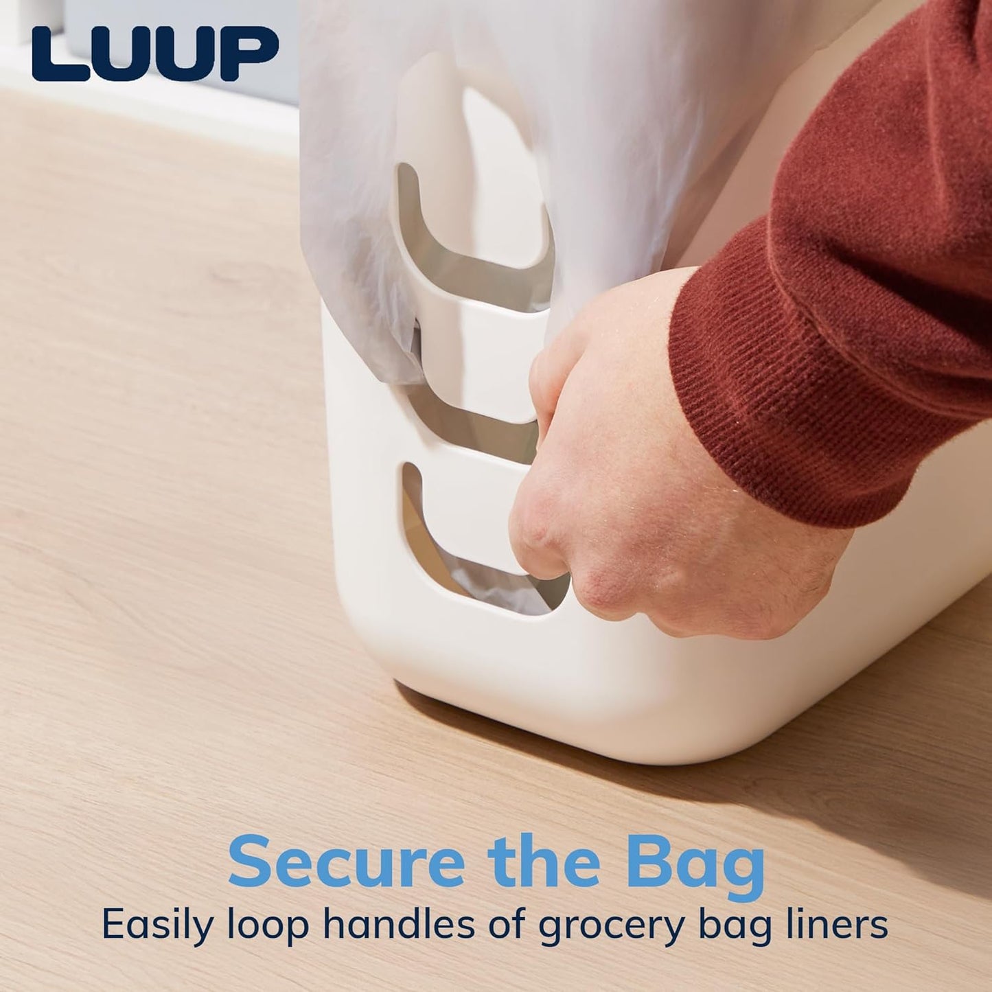 STORi Luup Bathroom Wastebasket, Secure Grocery Bags, Plastic Garbage Container for Vanity, Laundry