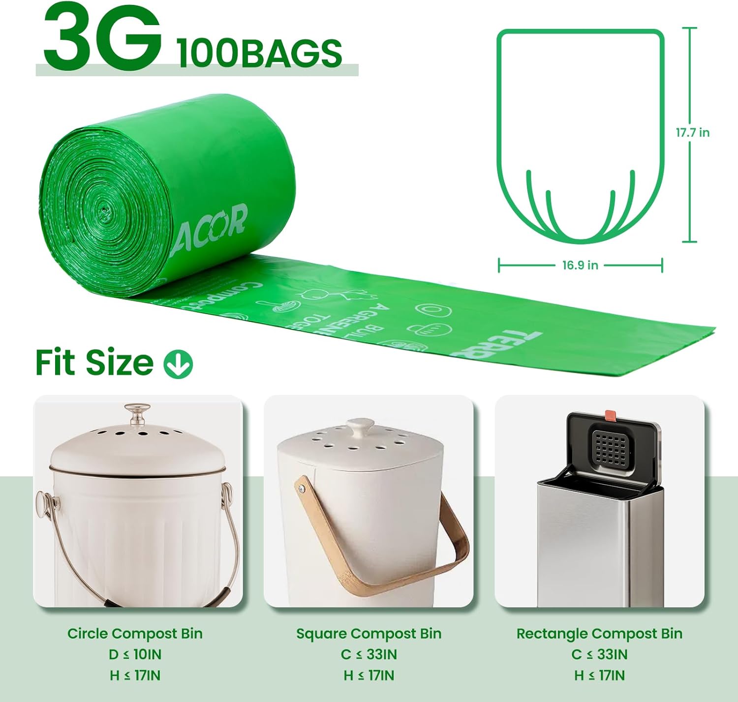 3 Gallon Compostable Trash Bags, 100 Bags Compost Bags for Countertop Bin, BPI Certified and Meet