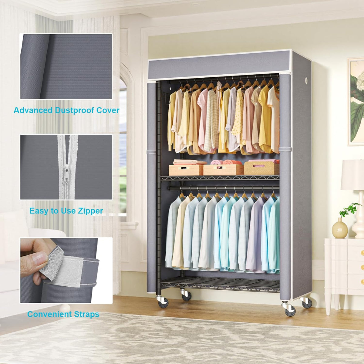 FUTASSI Black Clothing Rack with Grey Cover, P1C Rolling Closets with Wheels, Metal Garment Rack