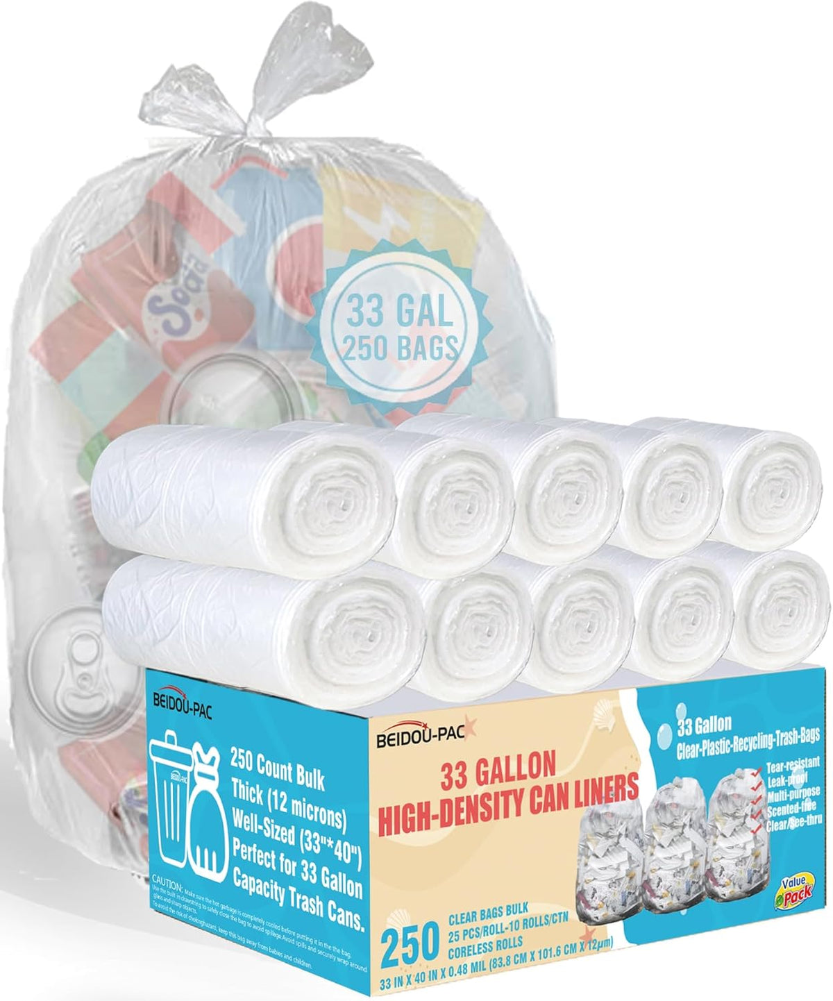 33 Gallon Trash Bags, 250 Count Bulk, Heavy Duty Clear Plastic Recycling Garbage Bags