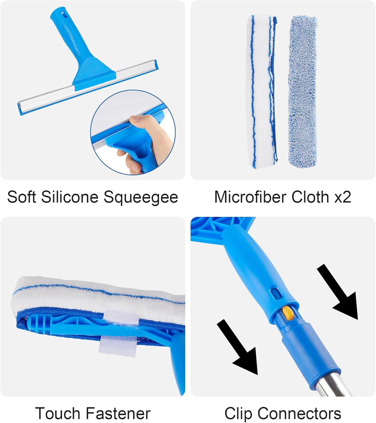 Window Squeegee Cleaner with 4 Stainless Steel Extension Poles,Long Reach to 58inch, Scrubber