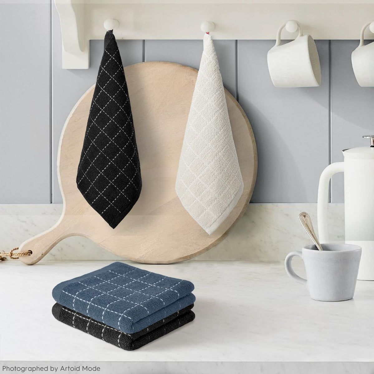 Artoid Mode Checkered Designed Cotton Beige Grey Black Terry Kitchen Dish Cloths, 12x12 Inch Soft