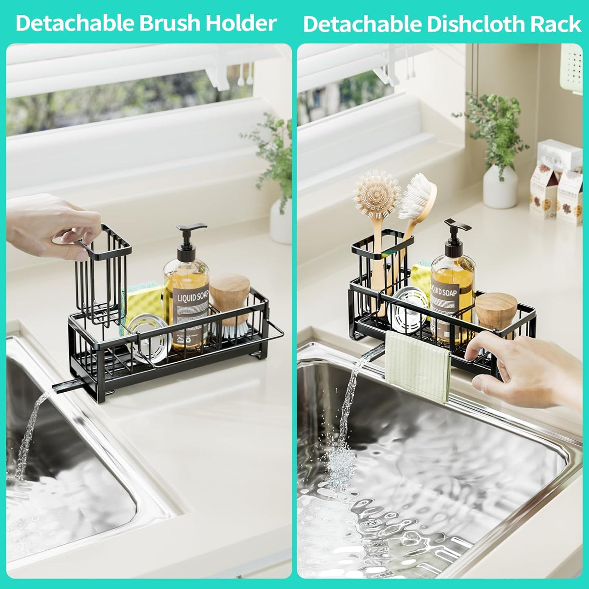 HapiRm Sponge Holder for Kitchen Sink - Self-draining Sink Caddy with Brush and Dishcloth Holders