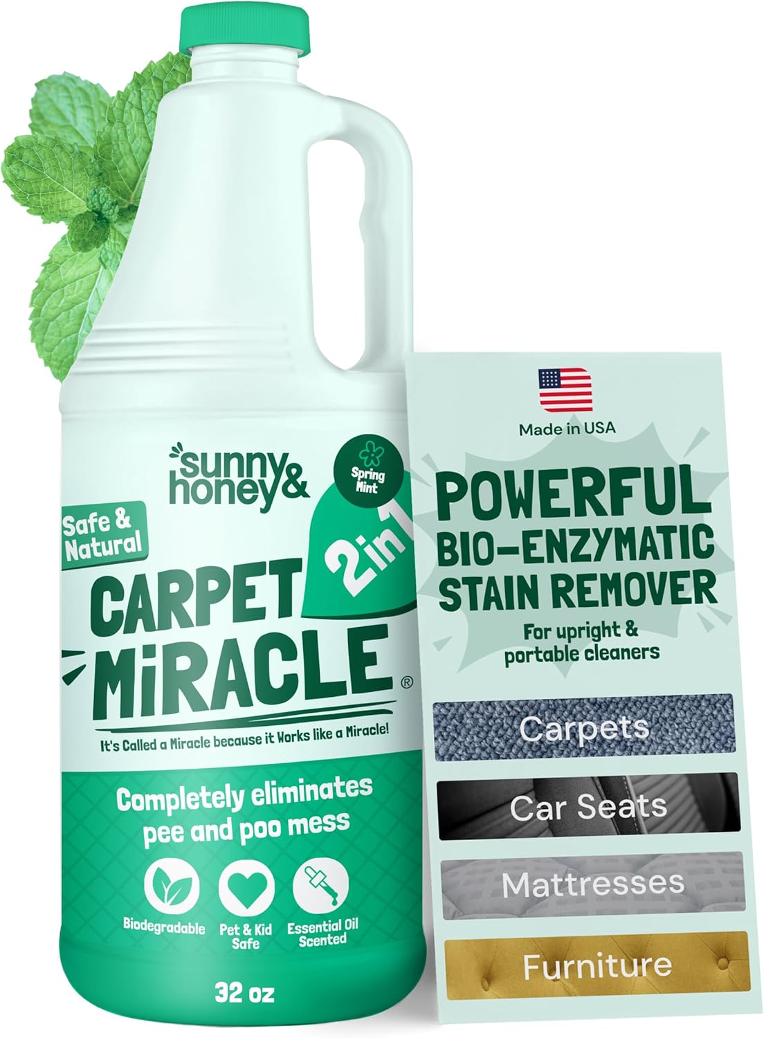 Sunny & Honey Carpet Shampoo & Cleaning Solution - 32 Fl Oz Spring Mint Scent - Pet Carpet Cleaner