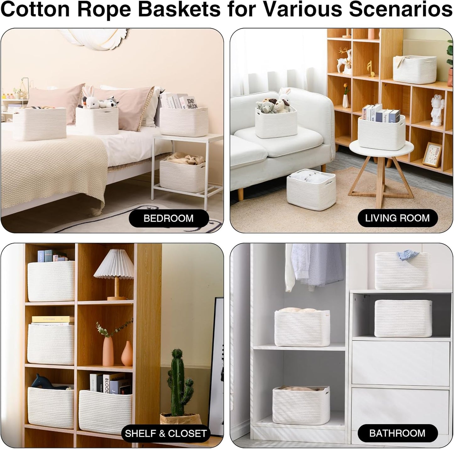 White Storage Baskets for Organizing, Woven Storage Baskets for Shelves, Cotton Rope Basket for
