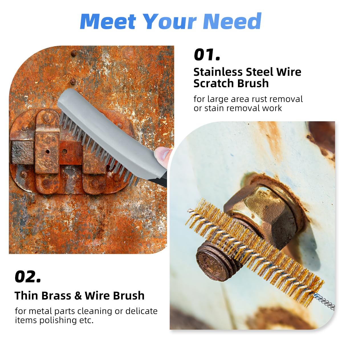 7 PCS Wire Brush Set, Brass Wire Brush and Stiff Bristle Metal Brush with Handle, Heavy Duty