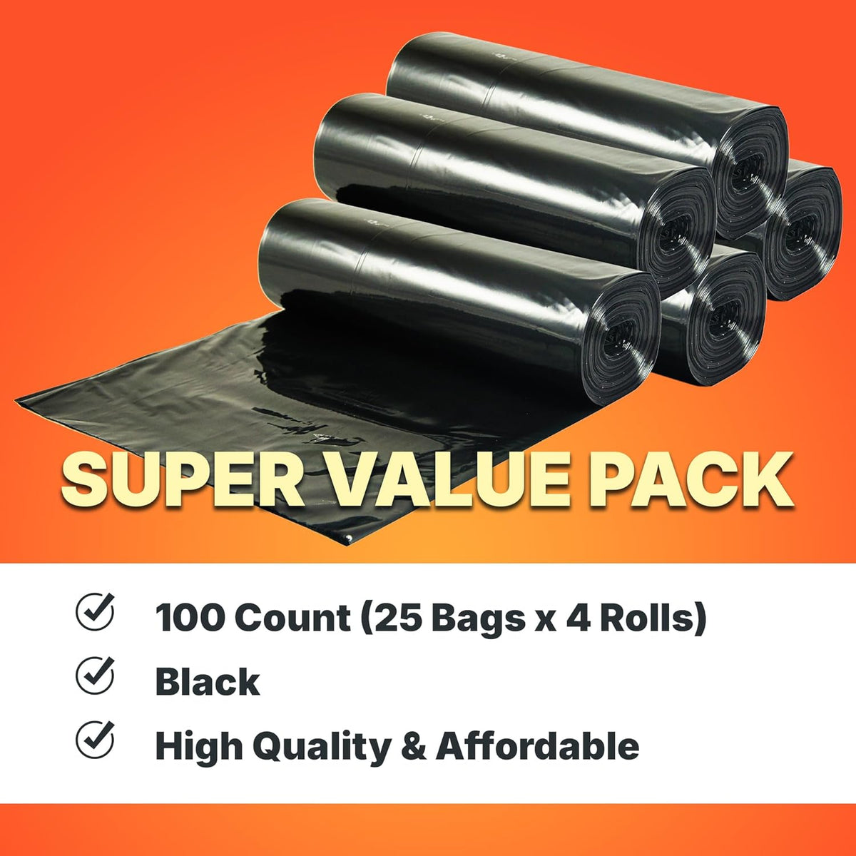 45 Gallon Trash Bags, 30 Micron Heavy Duty Pure LDPE Garbage Can Liners, 40" x 46" Large, Black