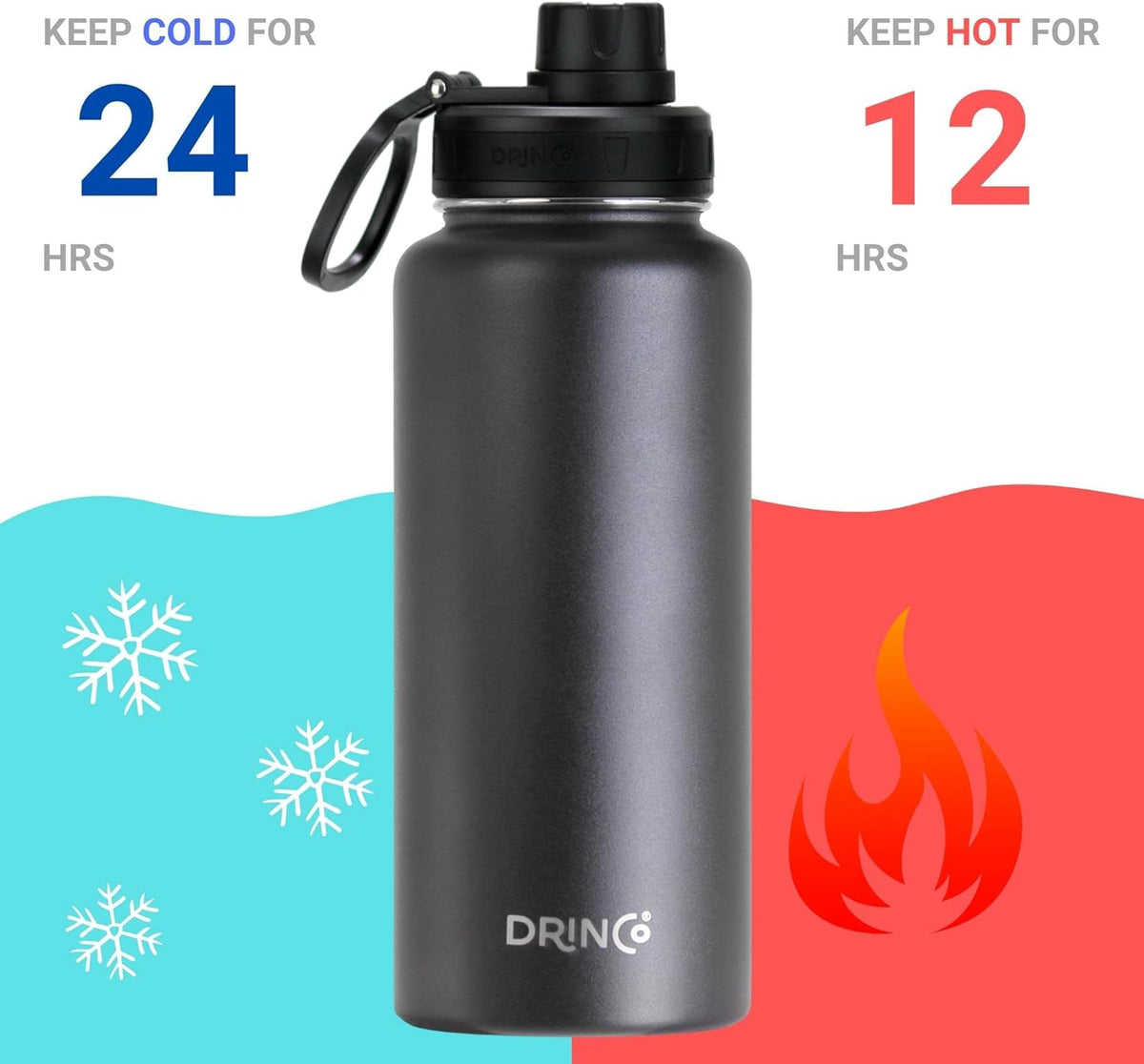 DRINCO Stainless Steel Water Bottle Spout Lid Vacuum Insulated Double Wall Water Bottle Wide Mouth