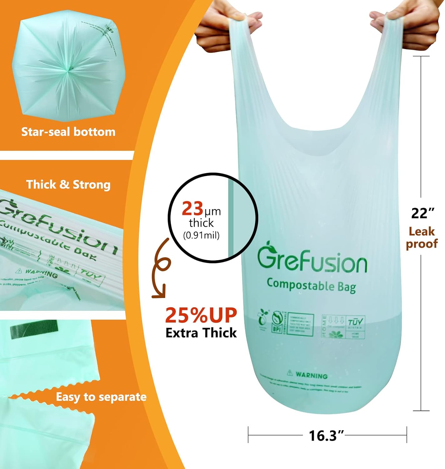 Compostable Trash Bags with handle-tie,Garbage Bags, 2.6 Gallon,Food Waste Bags,Small trash bags