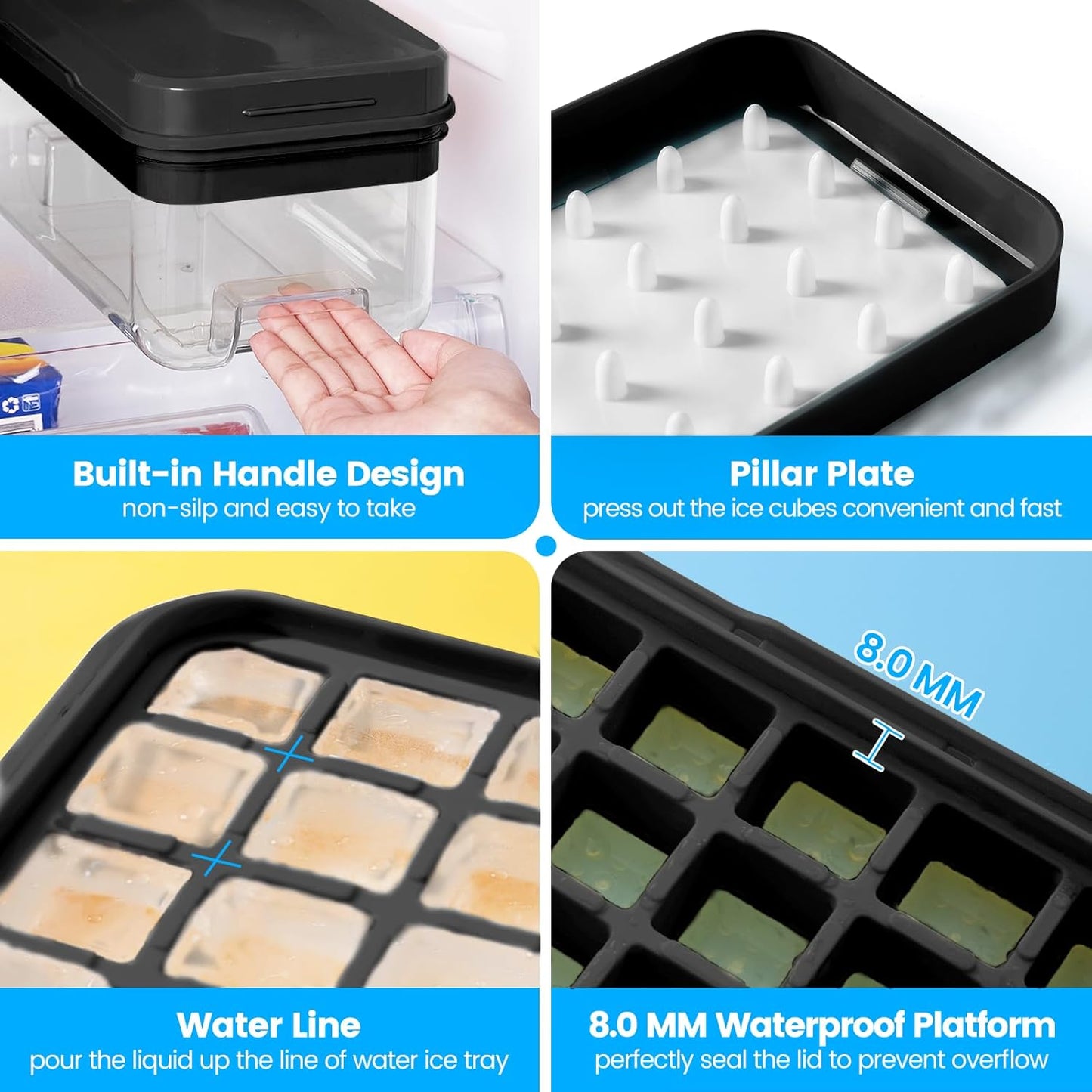 PHINOX Ice Cube Tray with Lid and Bin, 3 Pack Plastic Ice Cube Tray Molds, 96(4*8*3) pcs Ice Trays
