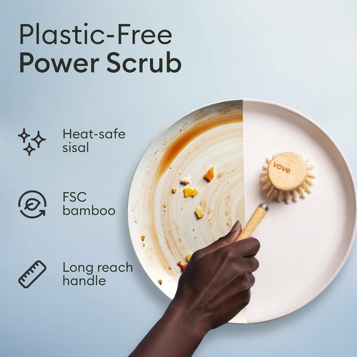Vove Bamboo Dish Brush, FSC-Certified - Includes 3 Replacement Heads - Natural Fiber Bristles