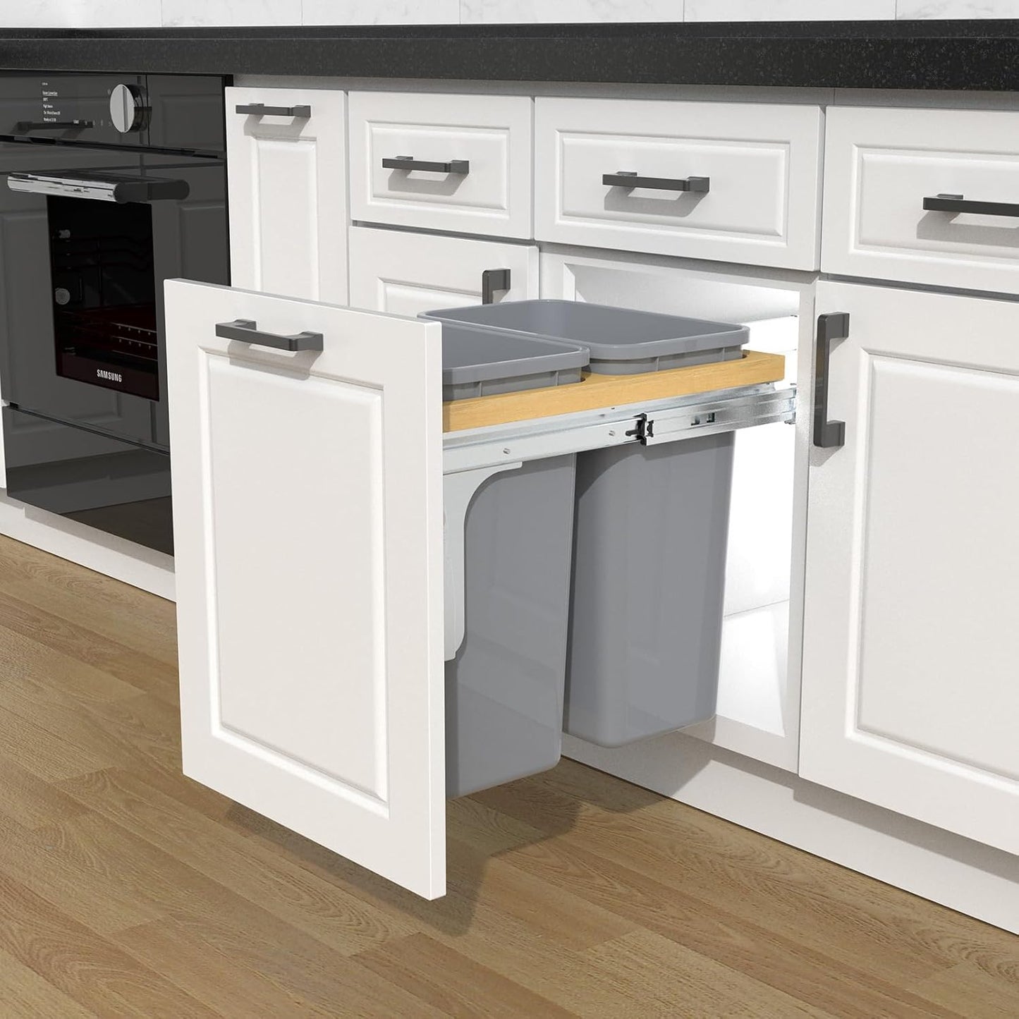 Double Pull Out Under Cabinet Trash Can 35 Qt Garbage Bin for 15" x 1.5" Face Frame, Grey -Only for