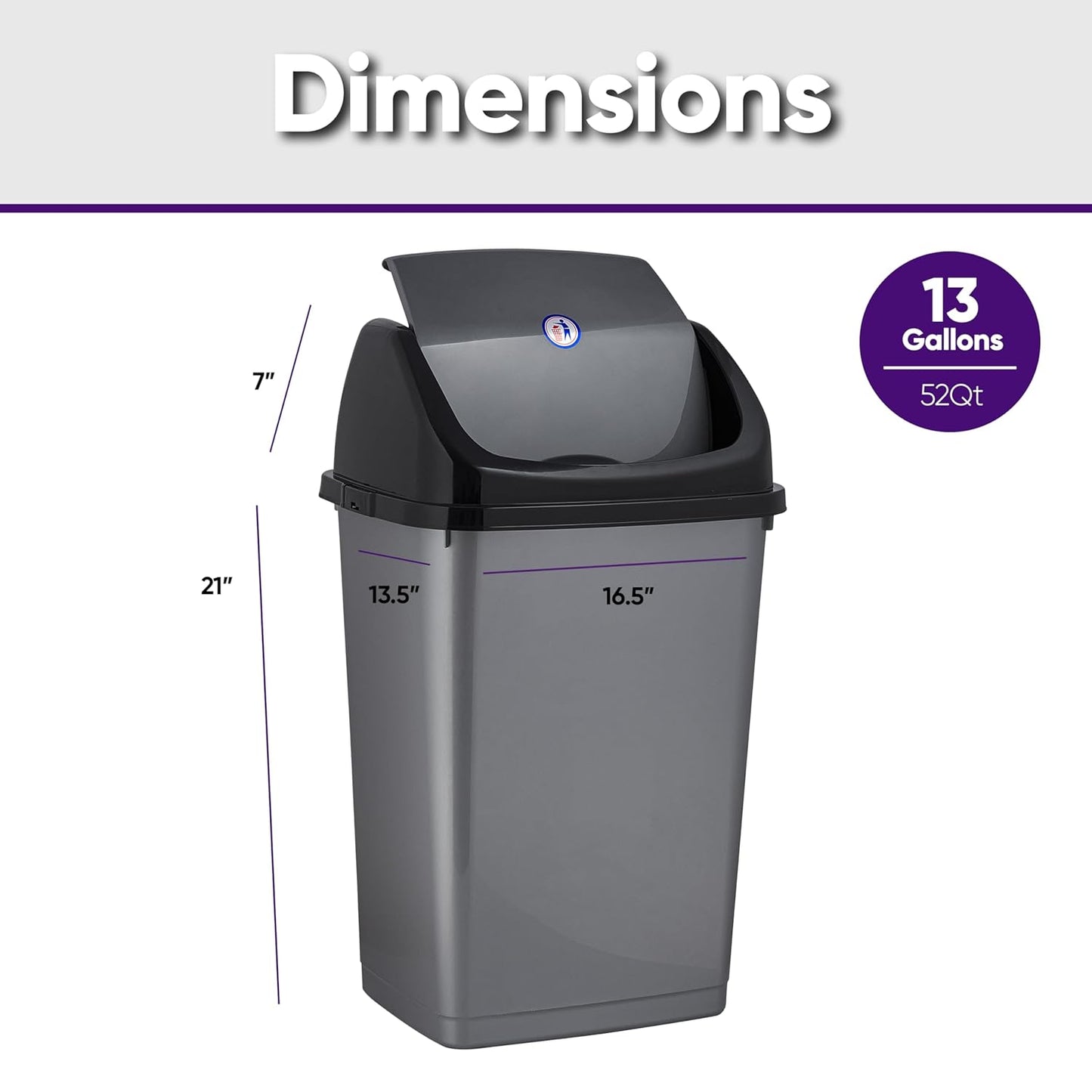 Superio Kitchen Trash Can 13 Gallon with Swing Lid, Plastic Tall Garbage Can Outdoor and Indoor