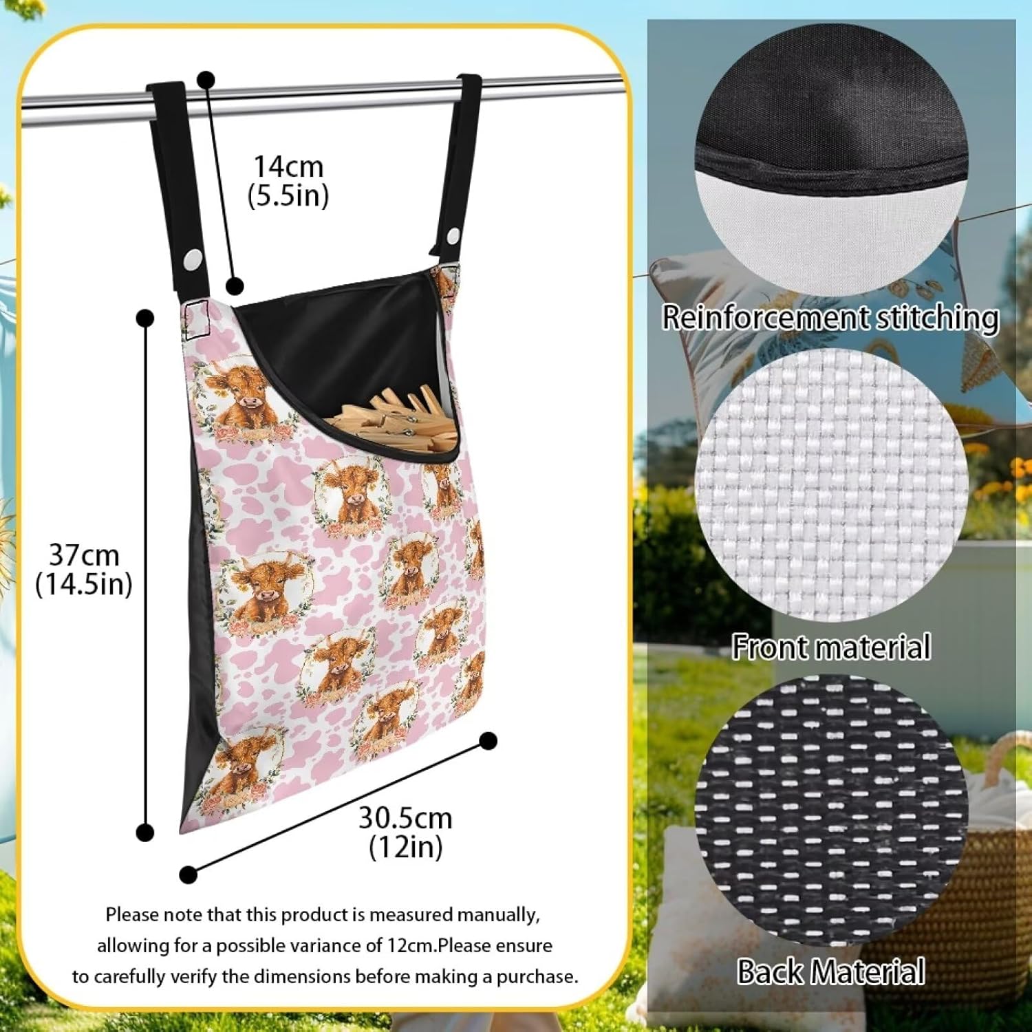Cattle Clothespin Bags with Hanging Rope Pink Cow Print 14.5 x 12 Inch Summer Waterproof Laundry
