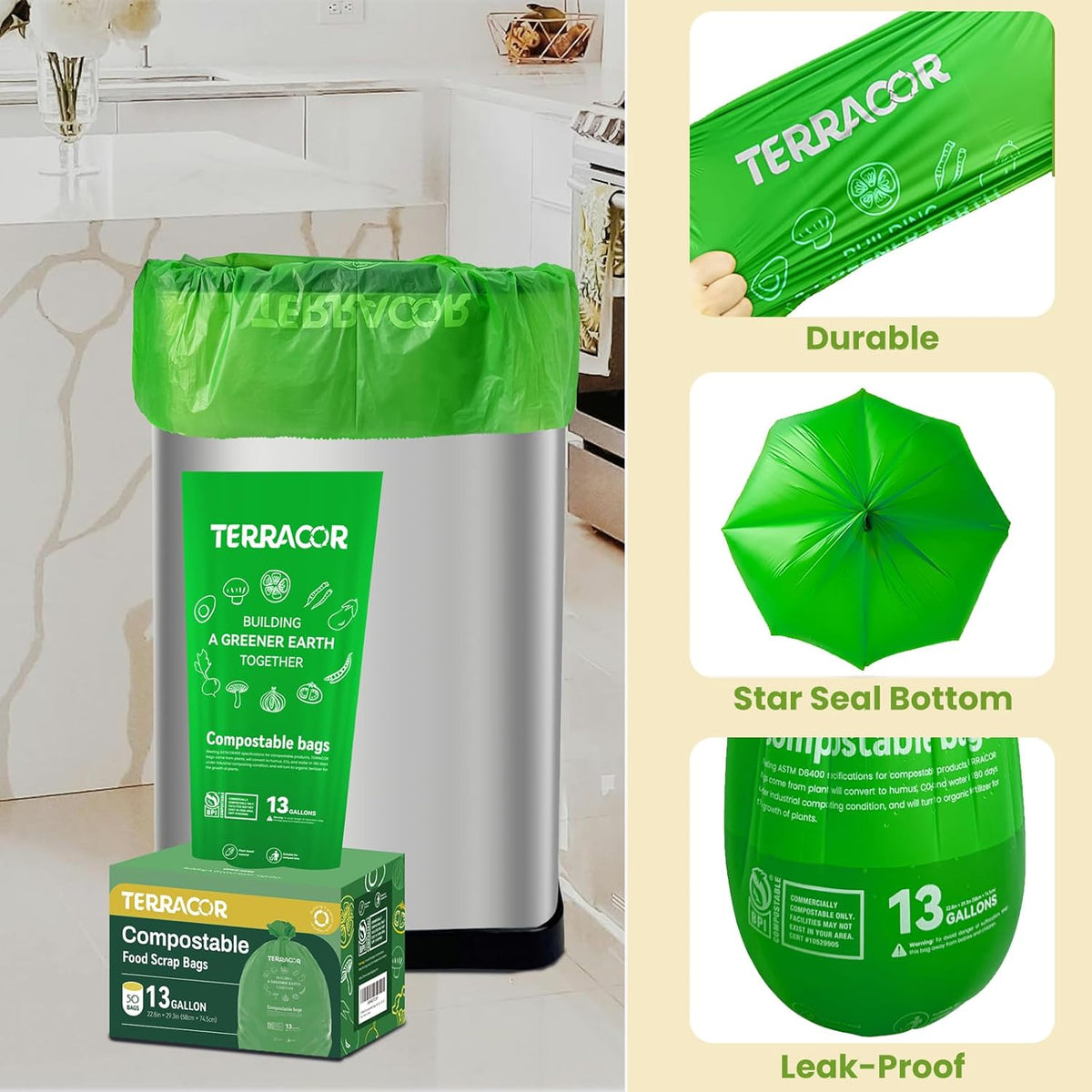 13 Gallon Compostable Trash Bags,50 Count, Heavy Duty Tall Kitchen Food Scrap Waste Bag,Certified