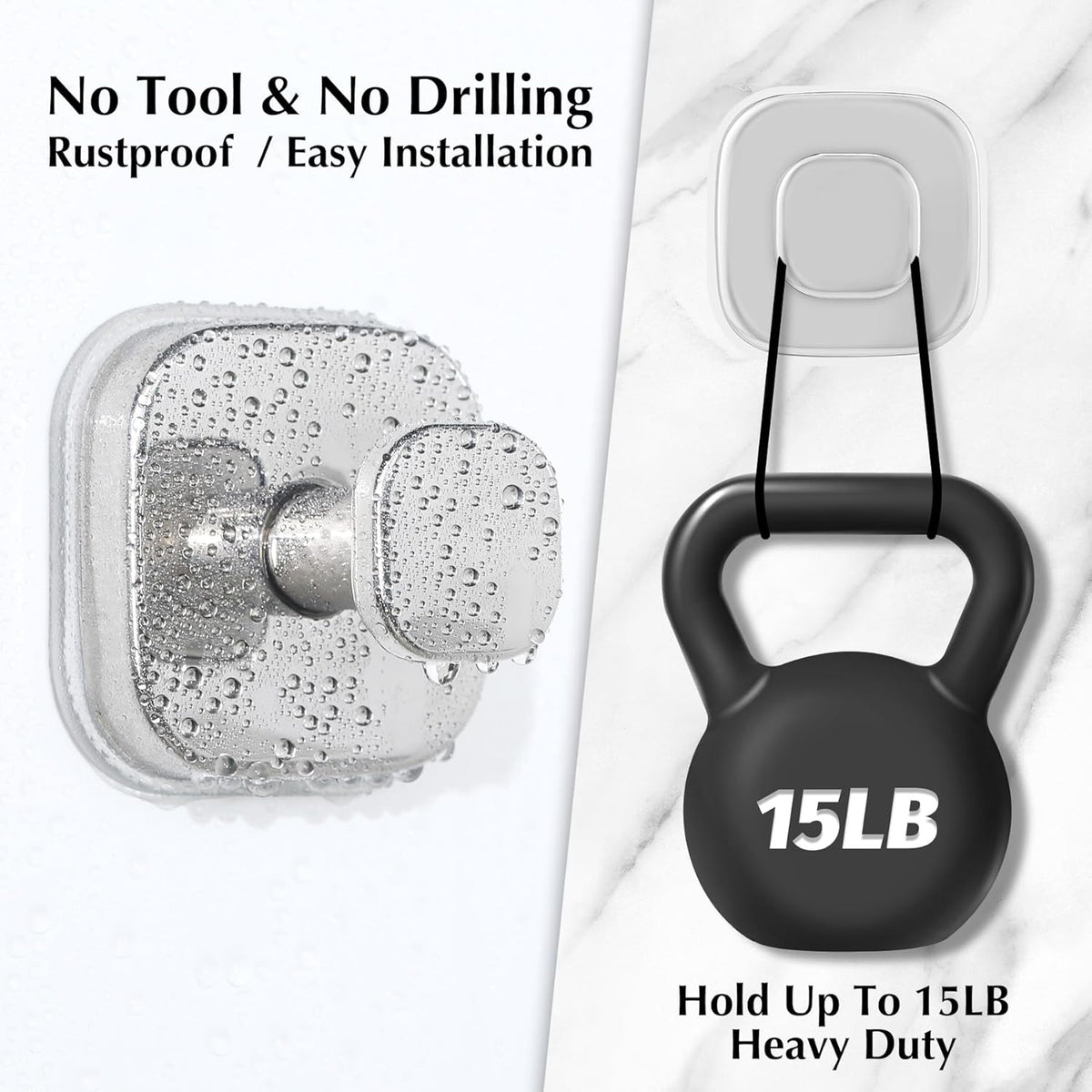 Suction Cup Hooks for Shower - Reusable No-Drill Mounting - Hooks for Towels, Robes & Loofah on