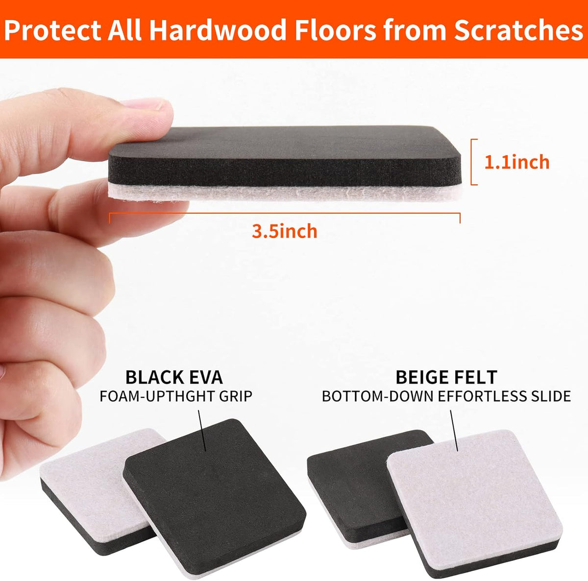 Ezprotekt 3.5" Felt Furniture Movers Sliders for Hardwood & Vinyl Floors, 16 Pcs Square Reusable