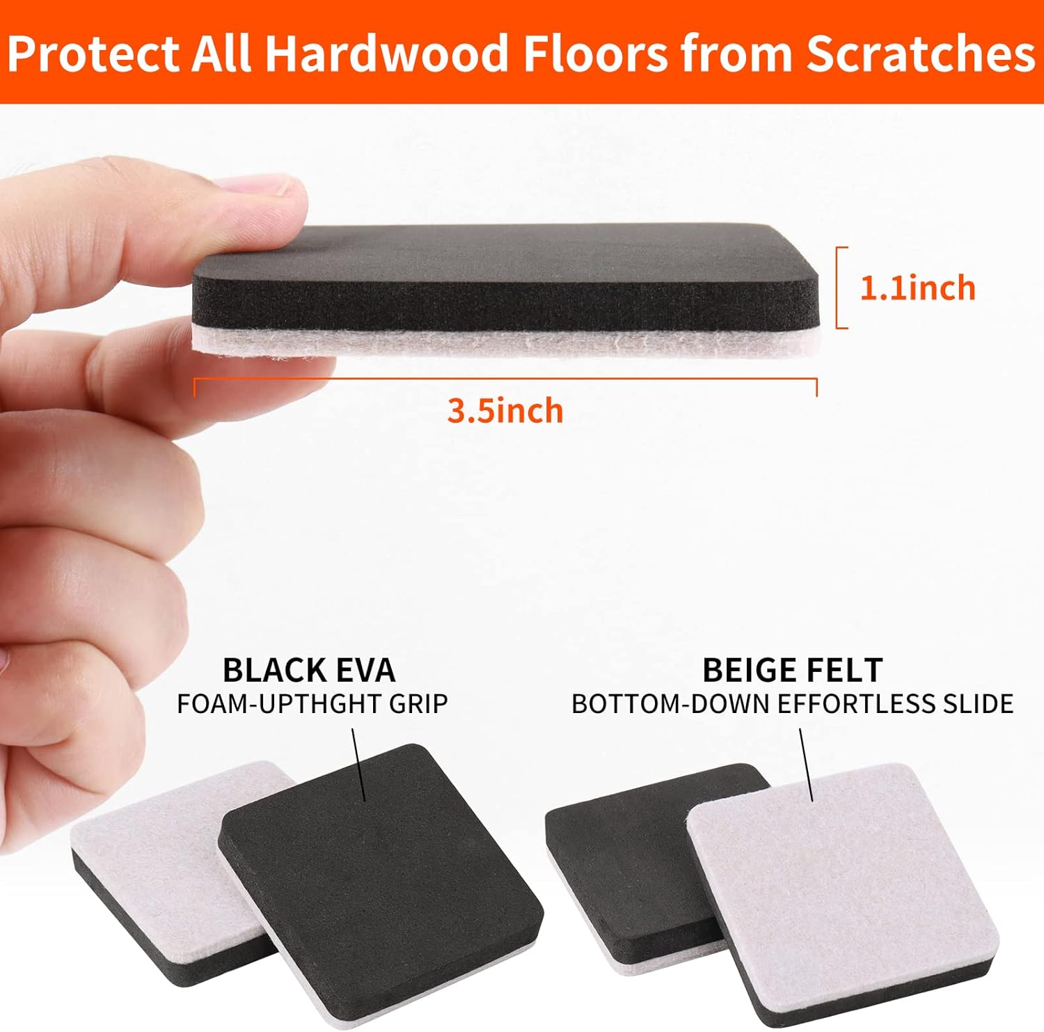 Ezprotekt 3.5" Felt Furniture Movers Sliders for Hardwood & Vinyl Floors, 16 Pcs Square Reusable