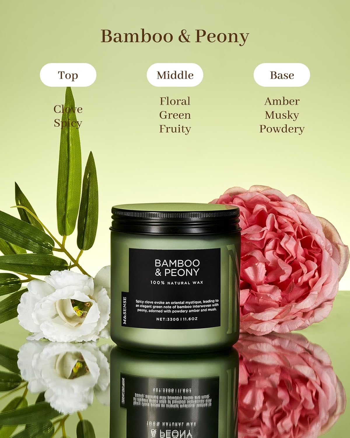 M&SENSE Bamboo Peony Scented Candle, 11.6oz Aromatherapy Jar Candle, 70 Hour Burn Time, Natural Soy
