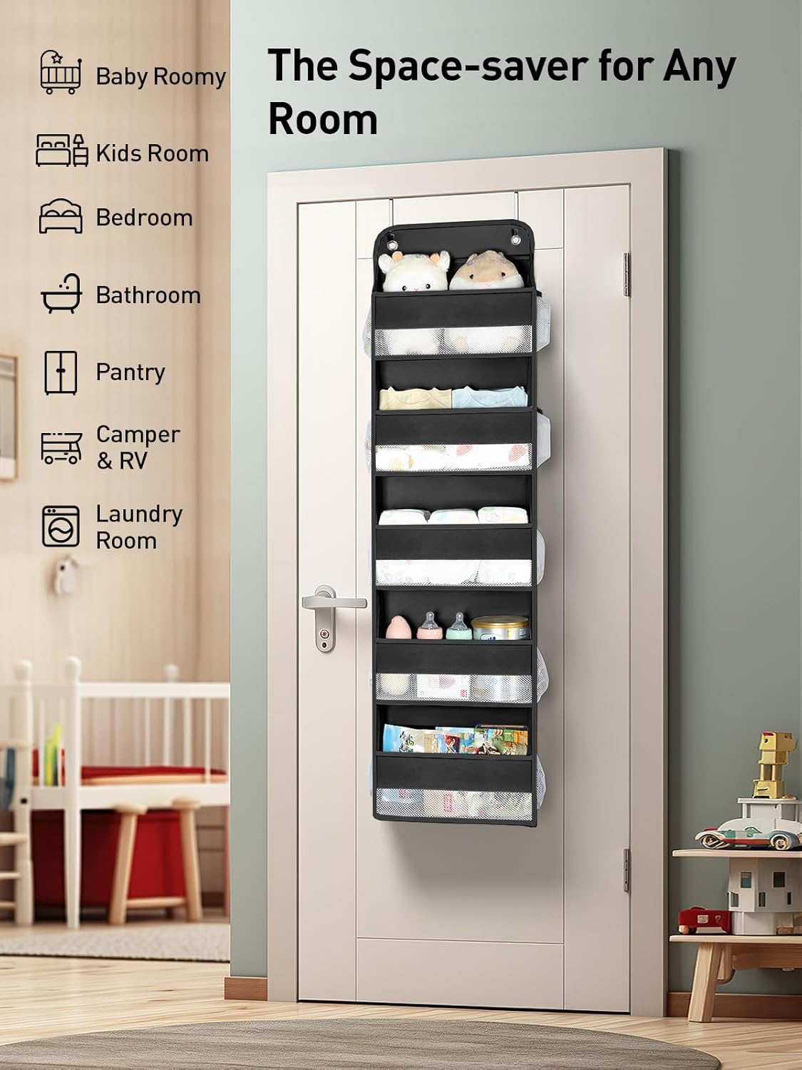Yecaye 1 Pc Over the Door Organizer with 5 Bins 10 Side Pockets, 44lbs Load Hanging Bathroom and