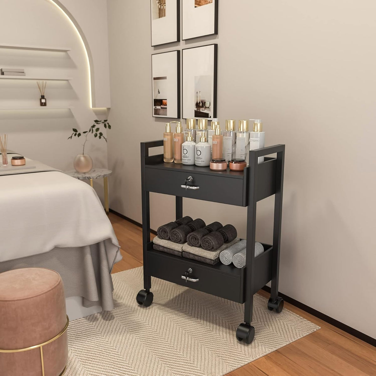 Paddie Salon Trolley Cart, Salon Tray Wooden Mobile Utility Cabinet with 2 Lockable Drawers