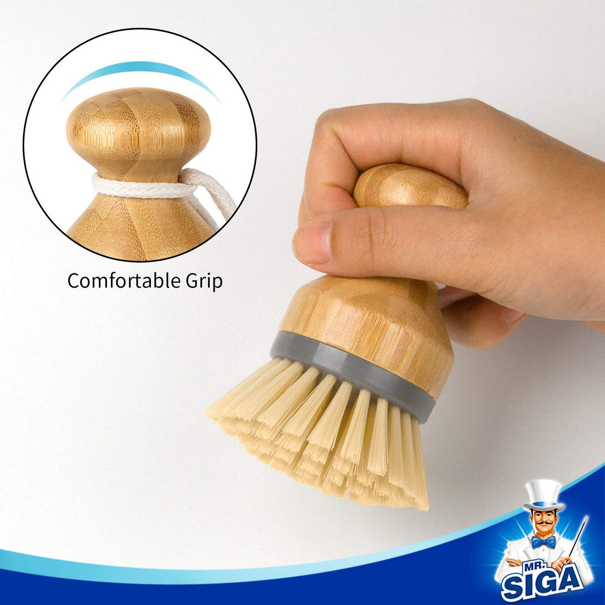 MR.SIGA Bamboo Palm Brush, Dish Scrub Brush, Bamboo Dish Brush, Pack of 2