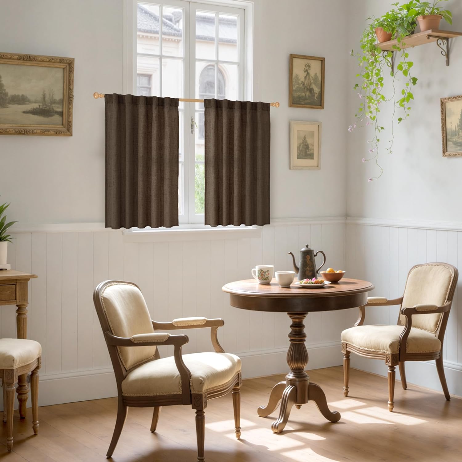 YoungsTex Brown Linen Kitchen Curtains 40 Inches Long for Windows Over Sink, Short Drapes with Back
