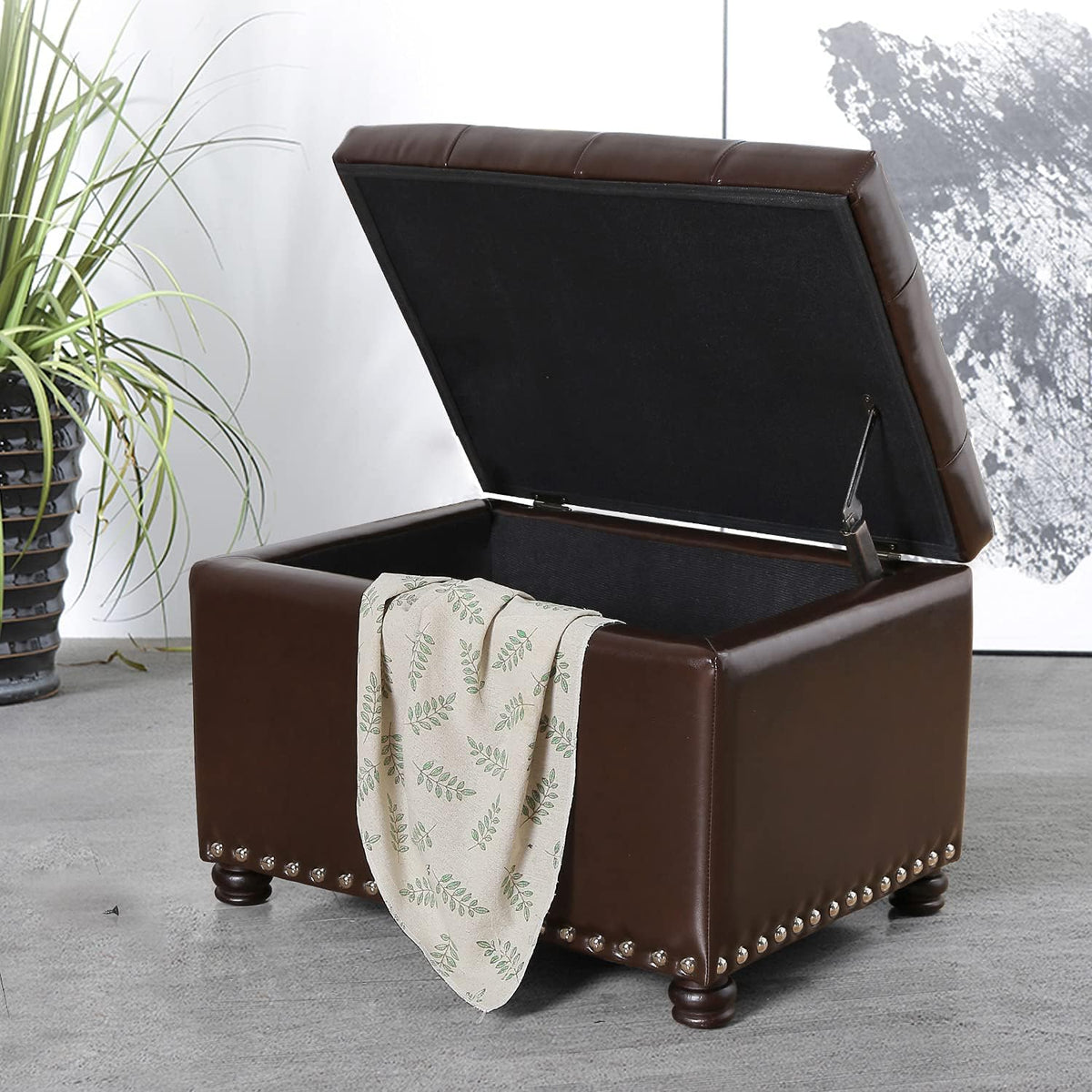 24'' Leather Storage Ottoman Rectangular Foot Rest Stool with Nailhead Trim for Bedroom Living