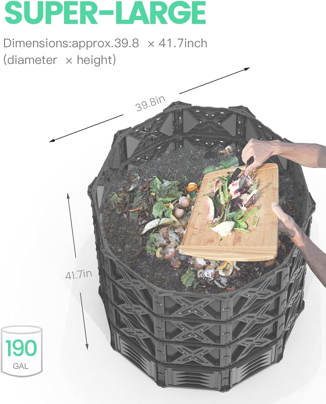 Large Compost Bin - 190 Gallon (720 L) Garden Composter with Better Aeration System, Easy