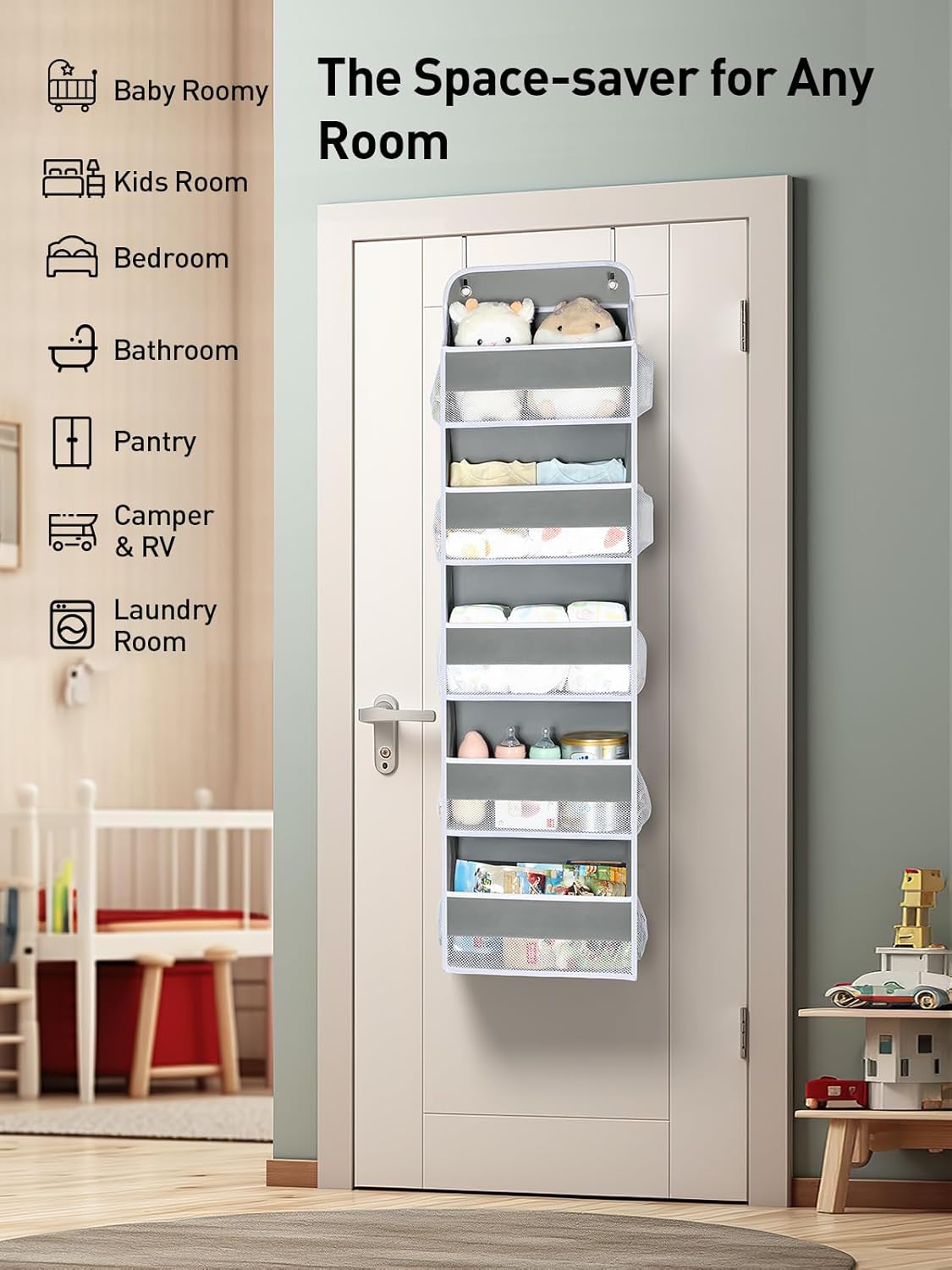Yecaye 1 Pc Over the Door Organizer with 5 Bins 10 Side Pockets, 44lbs Load Hanging Bathroom and