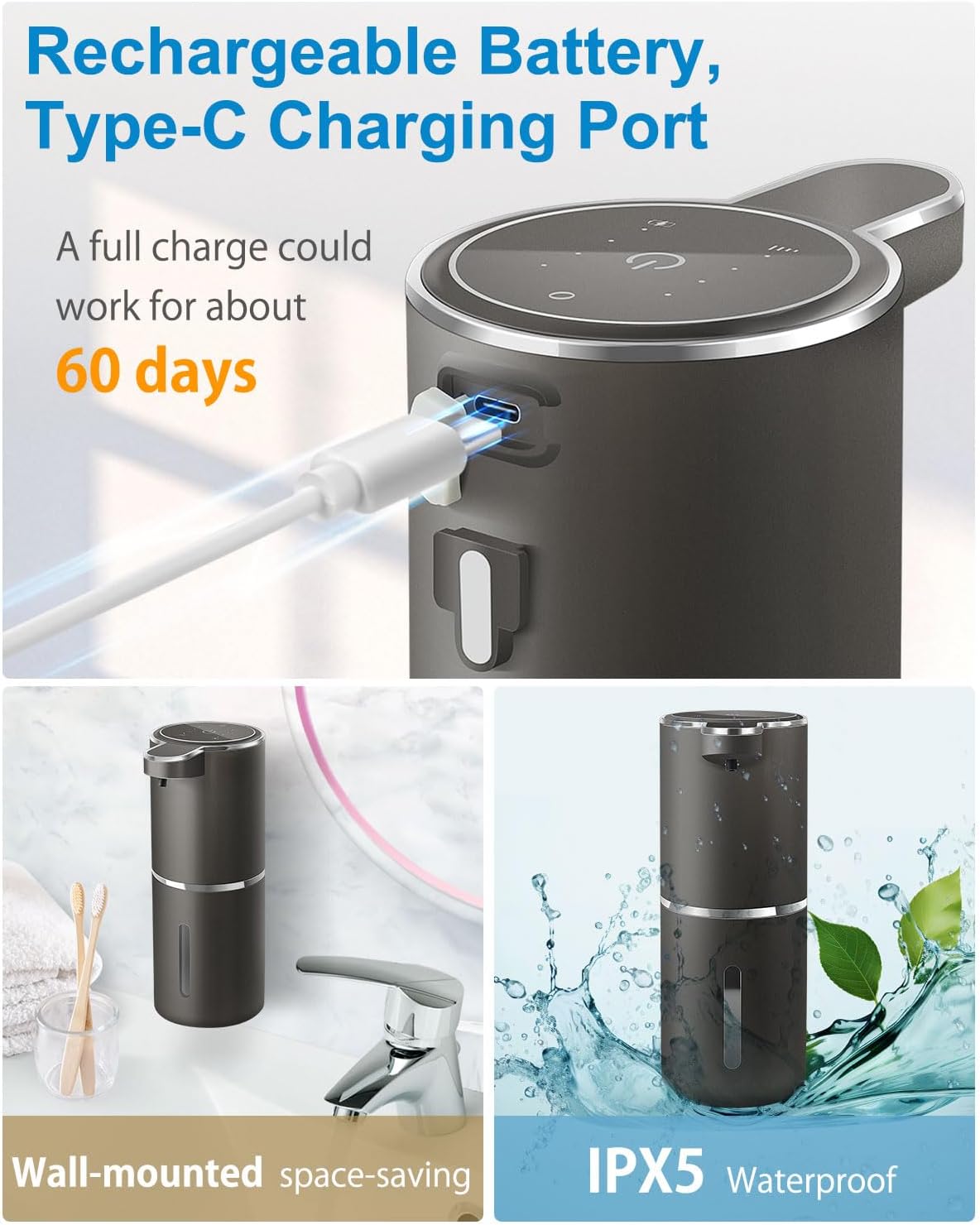 Automatic Foaming Soap Dispenser,4-Level Adjustable Foam, Wall Mount, USB Rechargeable,12.8oz/