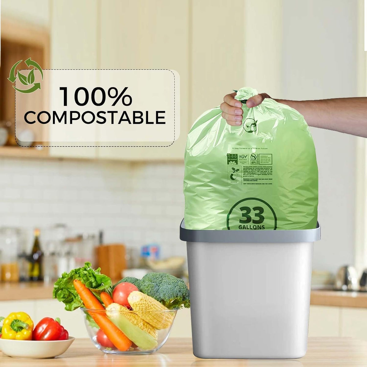 30-33 Gallon Compostable Trash Bags with Flat-Top, Heavy Duty Extra Thick 1.57 Mil, 124.92 Liter