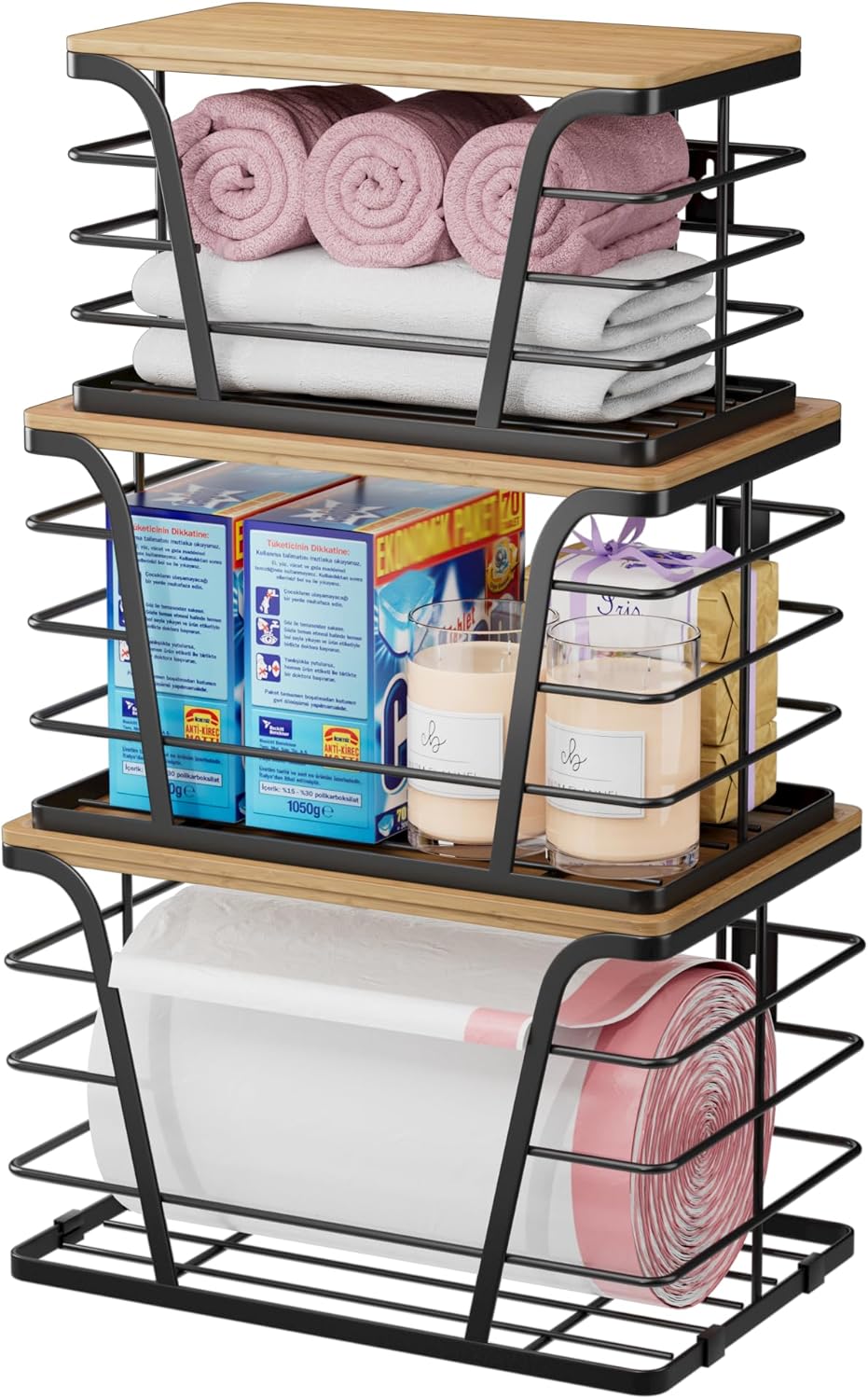 3 Pack Stackable Pantry Organizer, Trash Bag Dispenser Under Sink, Kitchen Organization and