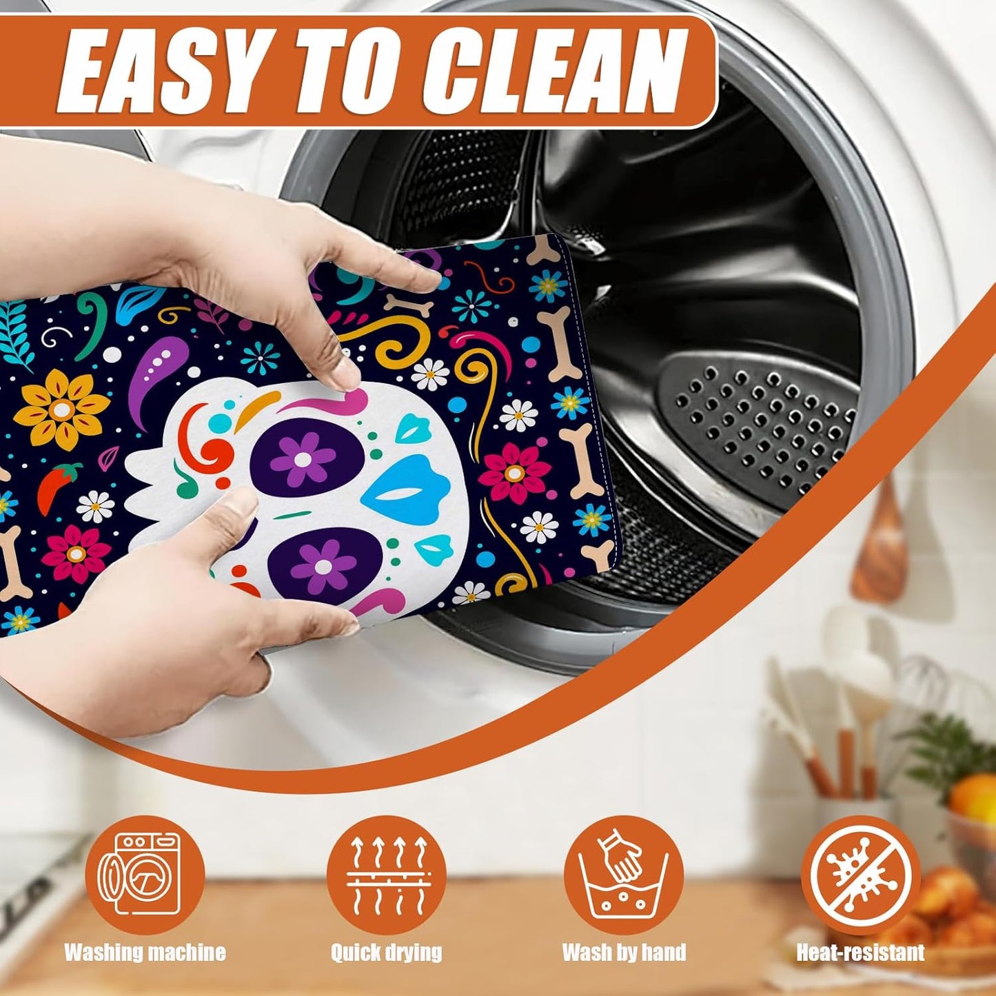 Sugar Skull Dish Drying Mat for Kitchen Counter Microfiber Absorbent Dish Day of the Dead Kitchen