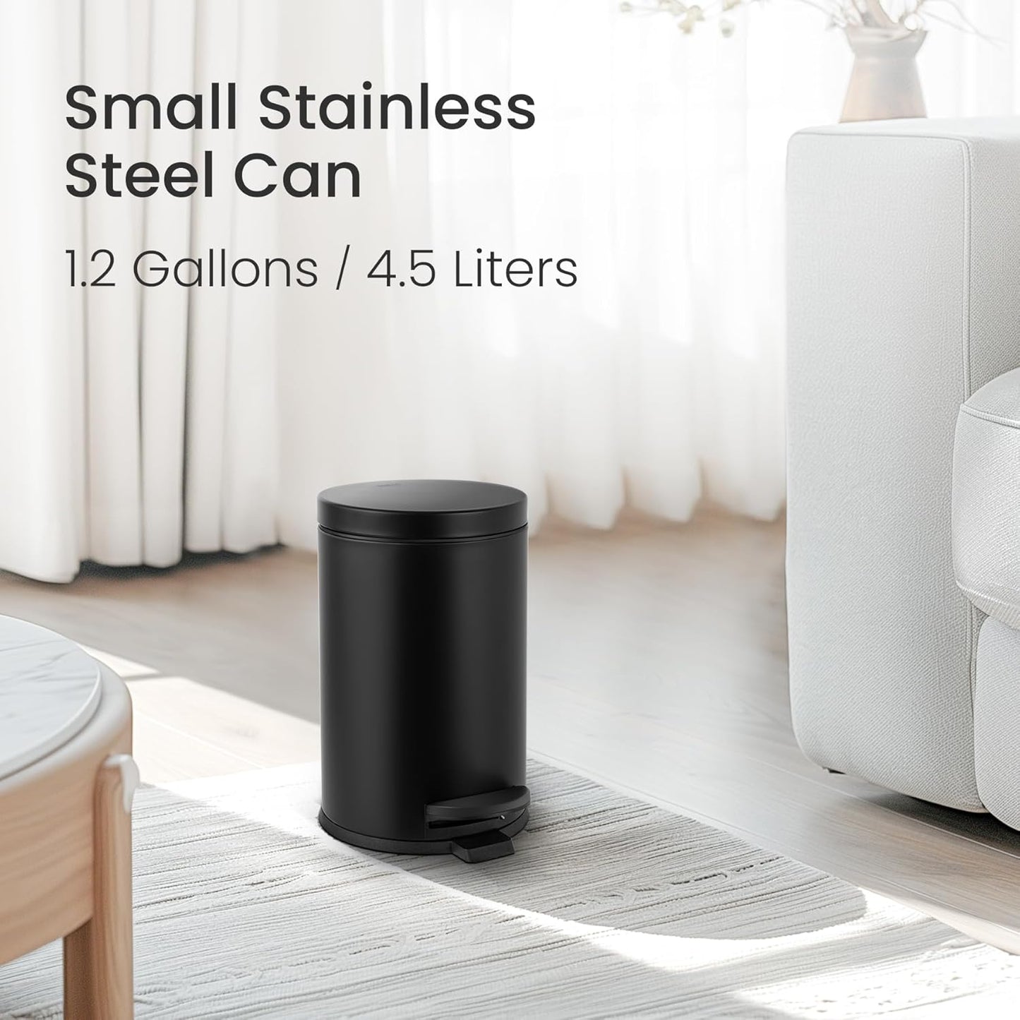 Cesun 1.2 Gallons Small Black Trash Can, Bathroom Garbage Can with Lid and Foot Pedal, Mini Round