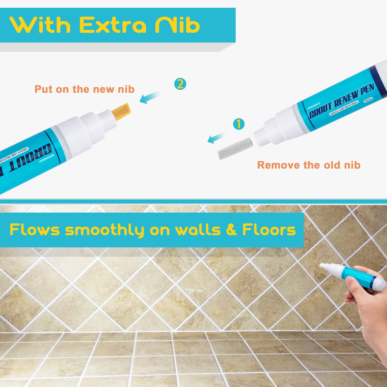 NADAMOO Grout Renew Pen White, 2 Large 20ml Paint Pens, Touch Up Repair Marker for Tile Gap Coating