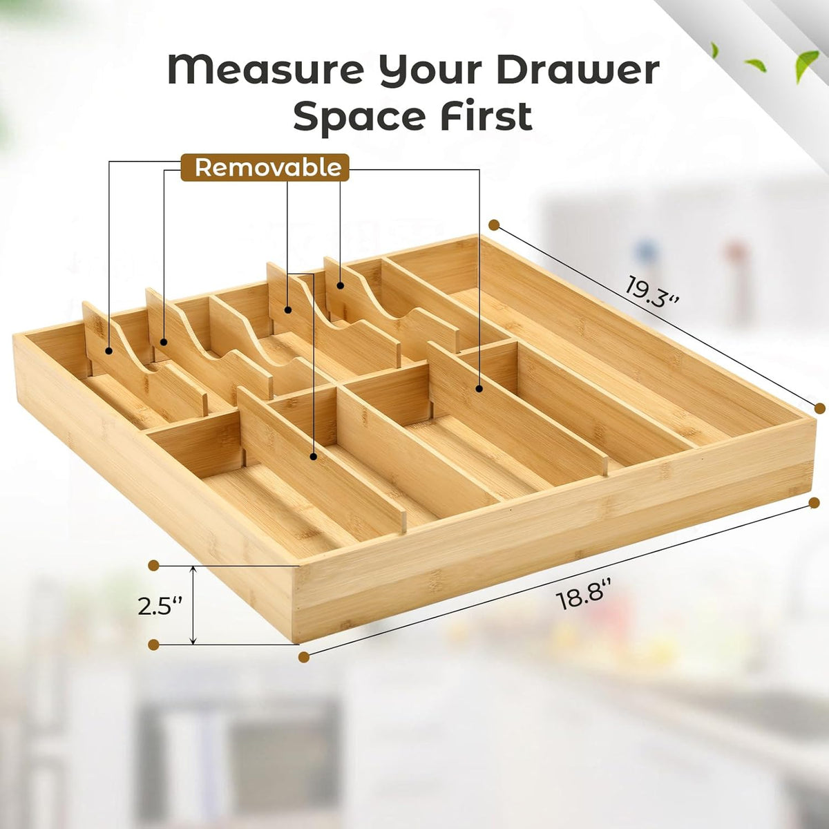 Fabsome Silverware Organizer for Kitchen Drawers, 2.5'' Deep 18.8'' Wide Bamboo Wood Flatware Tray