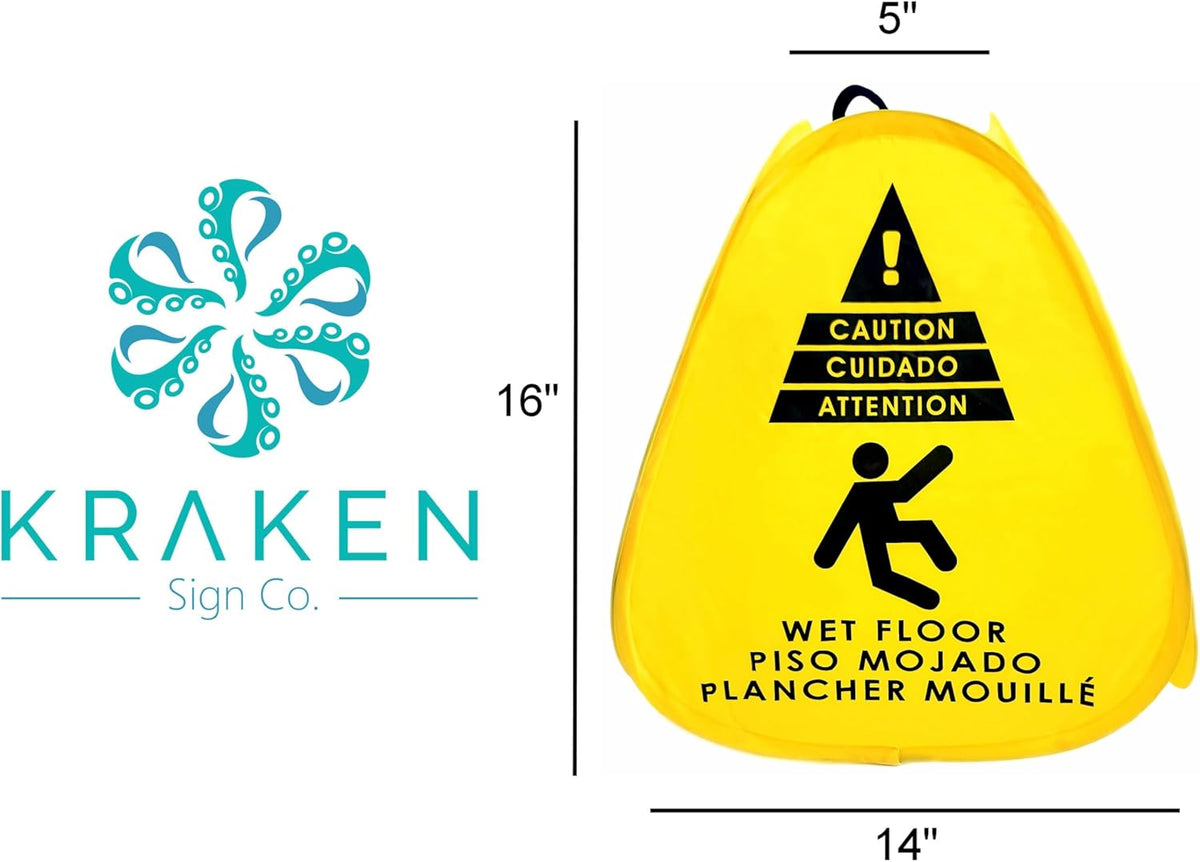 Kraken Sign Co - Pop-up Sign, Yellow 4-Sided Bilingual Trilingual English/Spanish/French Warning