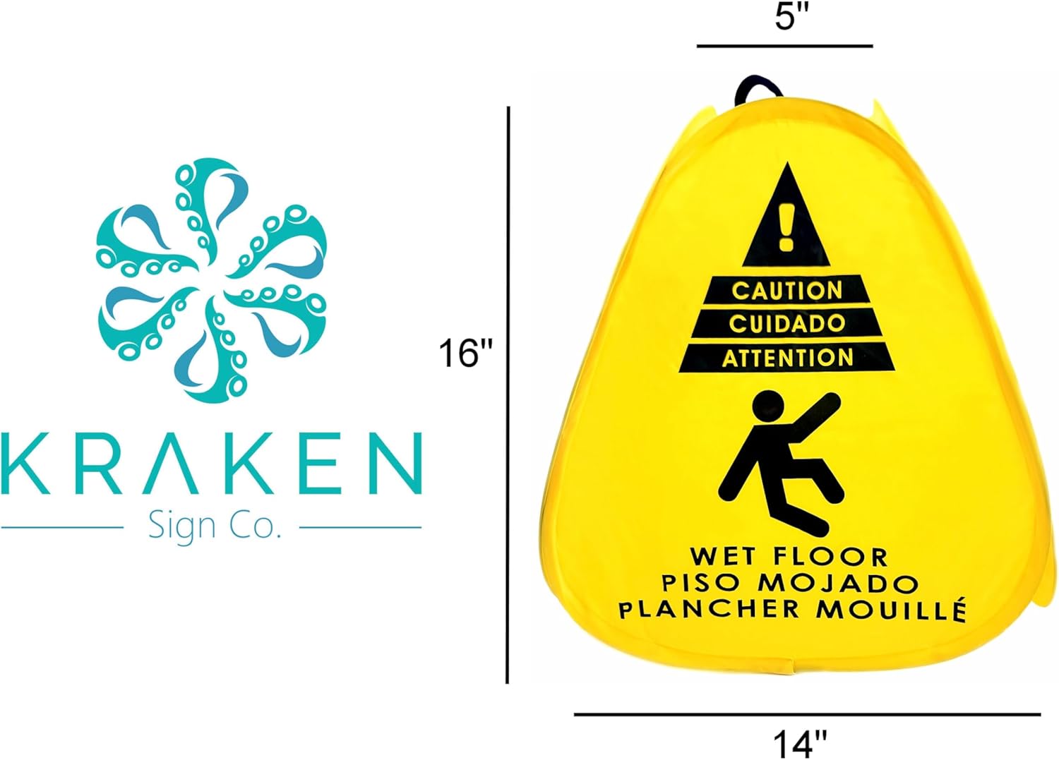 Kraken Sign Co - Pop-up Sign, Yellow 4-Sided Bilingual Trilingual English/Spanish/French Warning