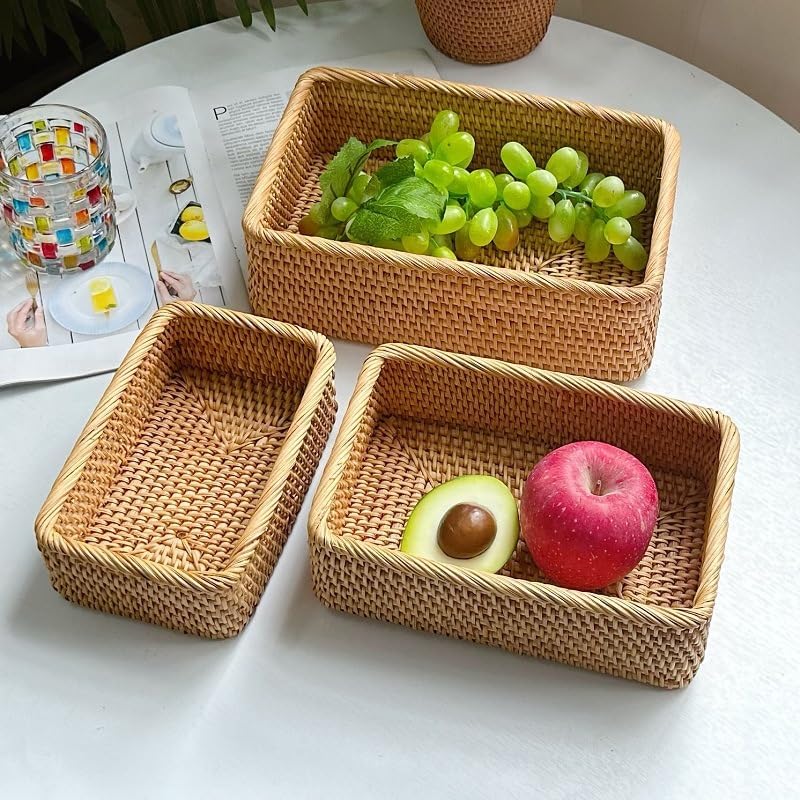 Rattan Storage Baskets, Wicker Baskets for Organizing, Hand Woven Fruit Basket, Decorative Baskets