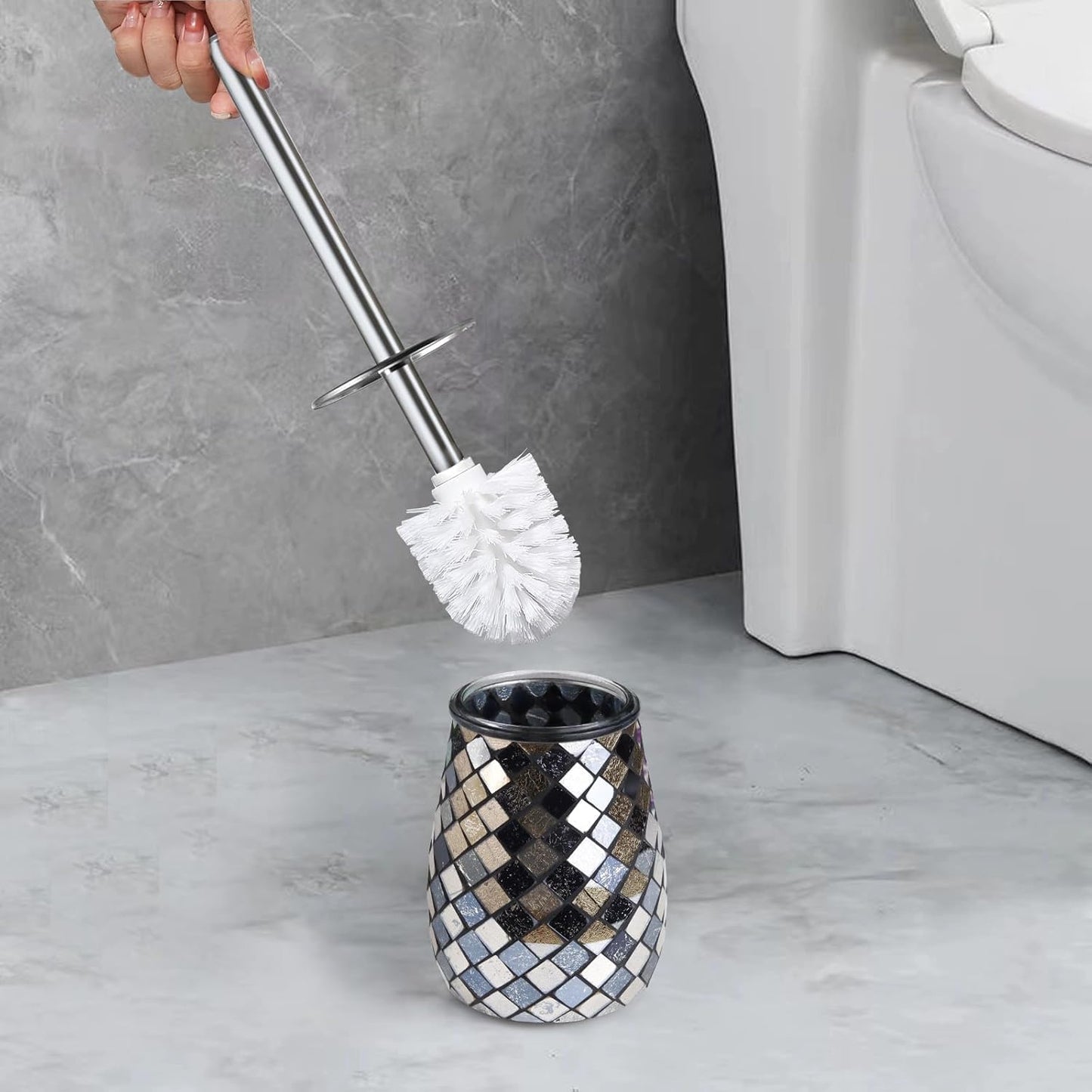 Escenzy Modern Toilet Brush and Holder Set Mosaic Glass | Non-Rustic Stainless Steel | Practical &