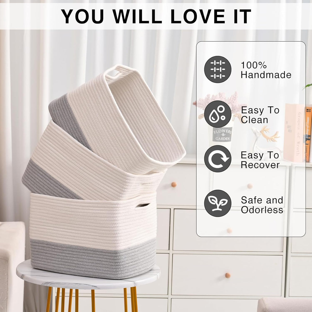 Storage Baskets for Organizing Shelves, Woven Cotton Rope Bins for Baby Nursery Organization, Book