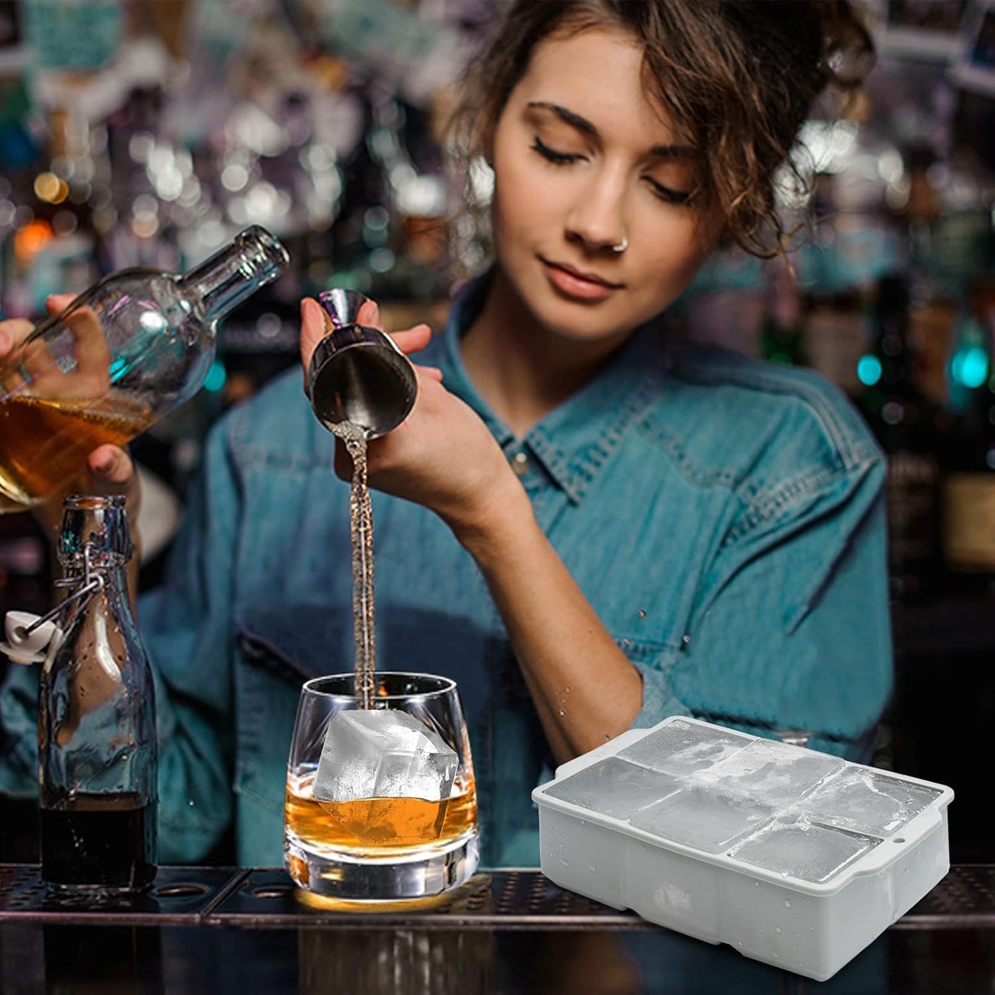 Nax Caki Large Ice Cube Tray with Lid, Stackable Big Silicone Square Ice Cube Mold for Whiskey