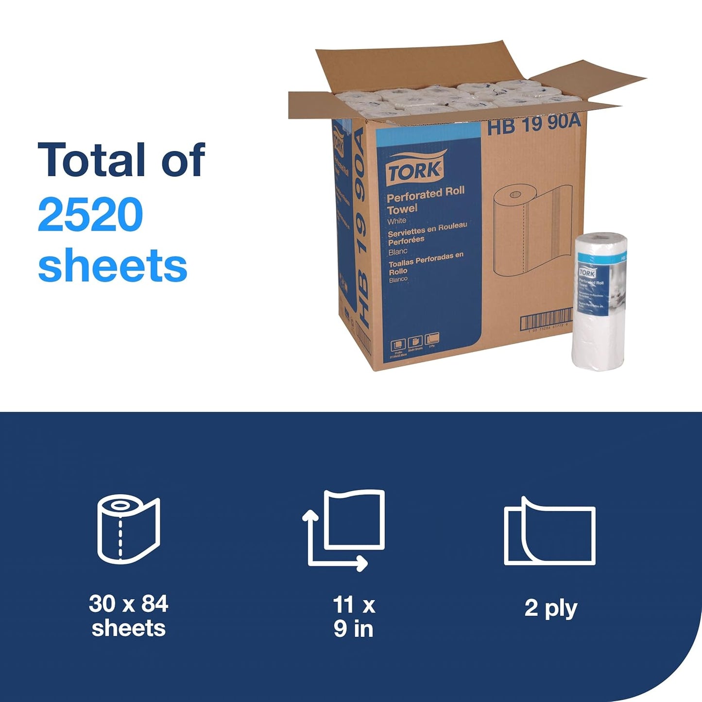 Tork HB1990A Perforated Paper Roll Towel, 2-Ply, 11" Width x 9" Length, White (Case of 30 Rolls, 84