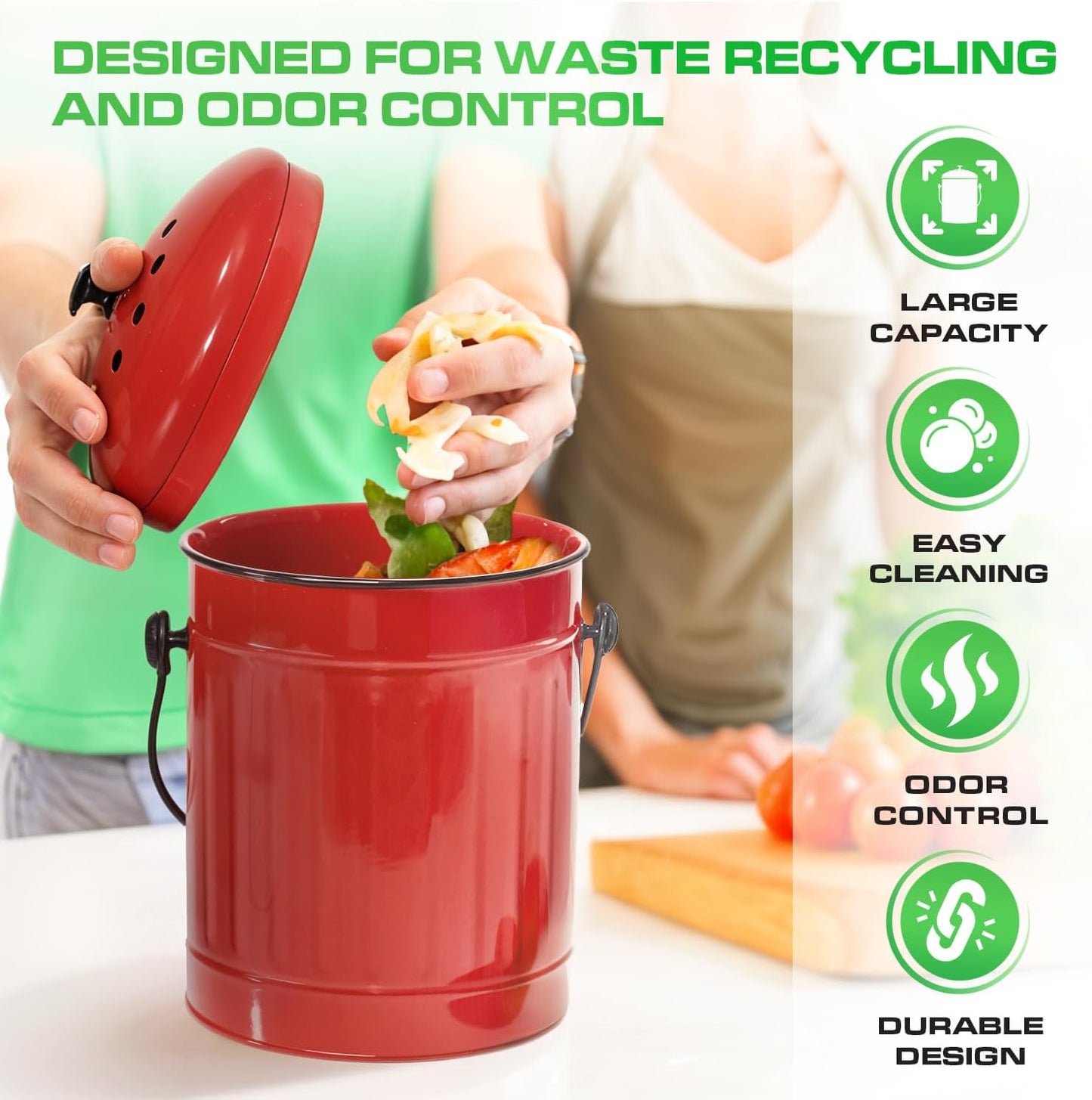 Plexon Countertop Compost Bin Kitchen with Lid, Red 1.5 Gallon Odorless Compost Container, Steel
